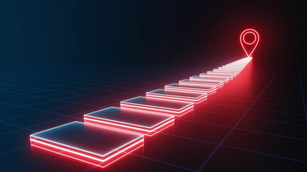 Abstract ascending platforms glowing with red neon edges on a futuristic grid, representing the step-by-step process of creating a digital marketing strategy.