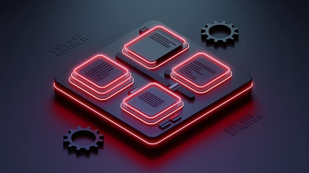 Sleek futuristic wireframe model of a website glowing with red neon lines, representing website and digital asset optimization for performance and SEO.