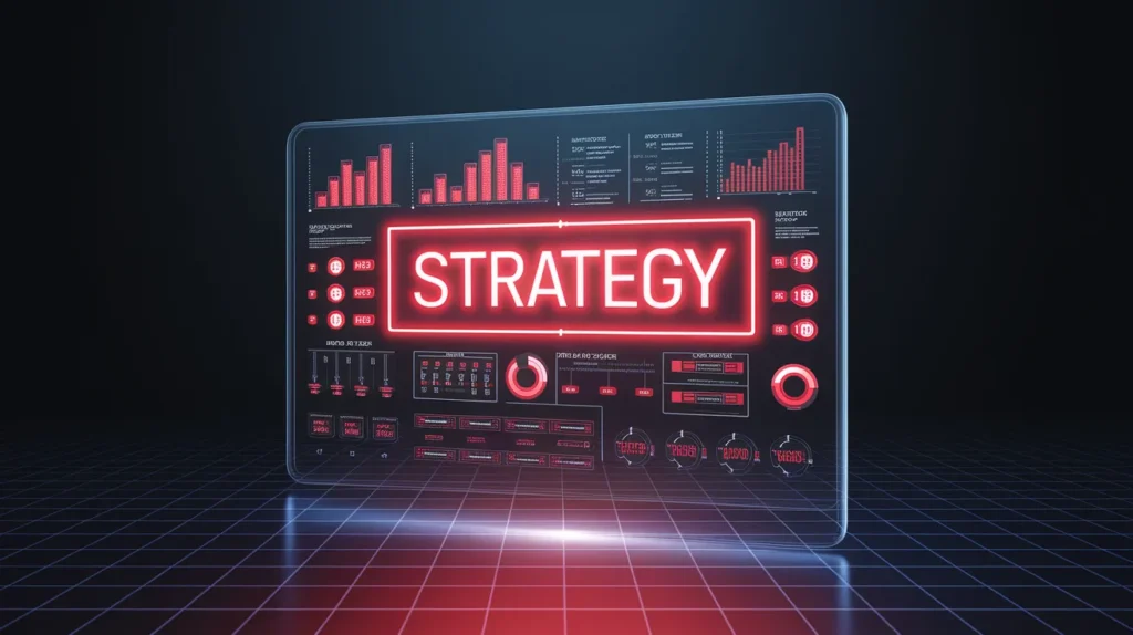 Futuristic holographic screen displaying a finalized digital marketing strategy document blueprint with red neon text and diagrams.