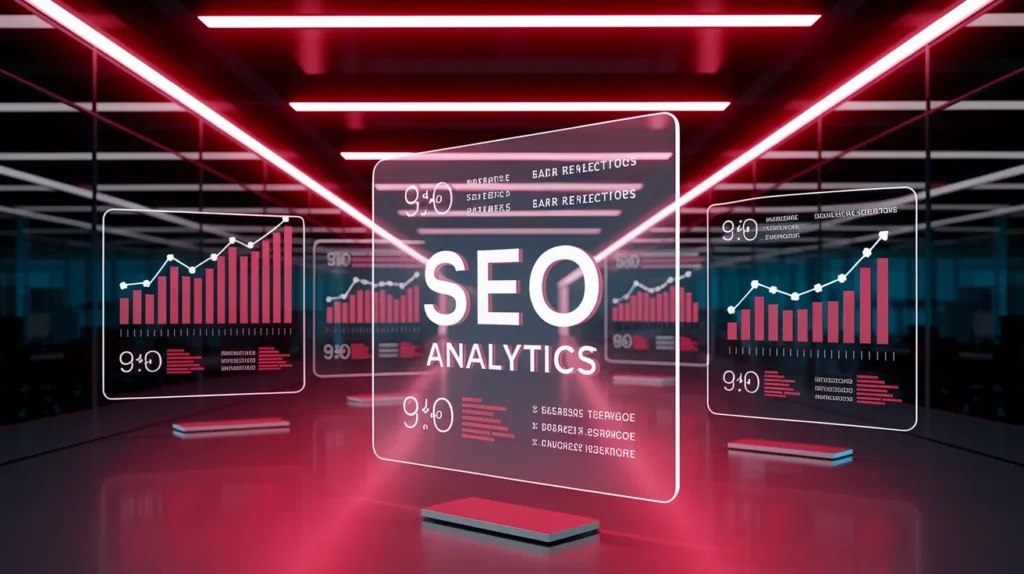 Futuristic on-page SEO optimization dashboard showing improved search rankings with red neon analytics