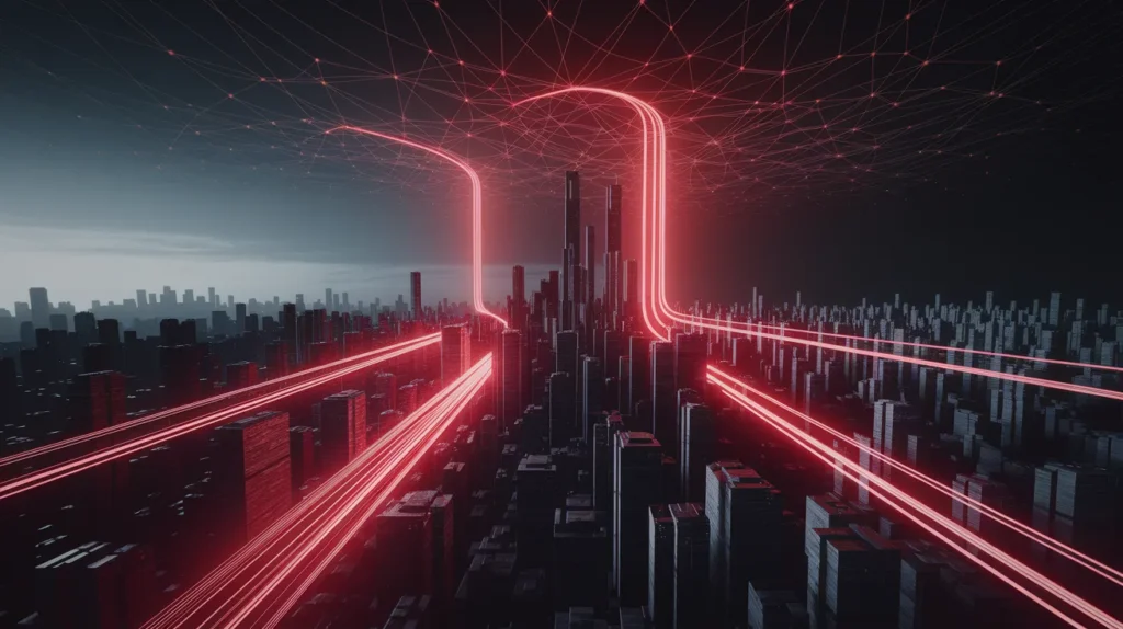 Futuristic cityscape at night with glowing red neon data streams connecting buildings, symbolizing AI networks in marketing.