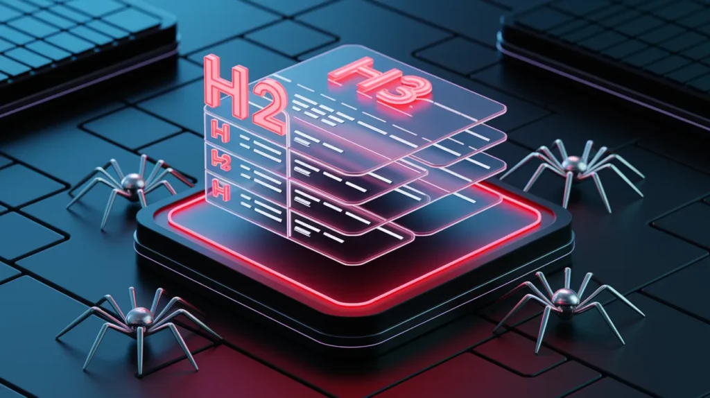 Strategic header tag structure with H1, H2, and H3 tags in red neon for improved SEO content organization