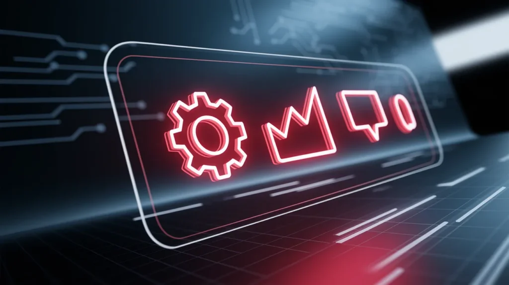 Holographic interface showing glowing red neon icons representing AI marketing tools and strategies.