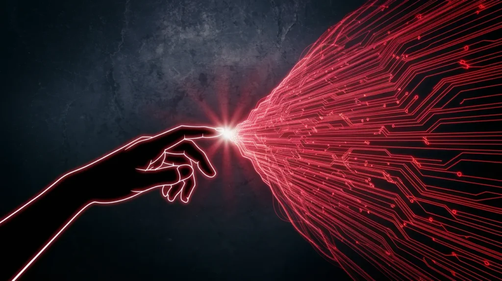 Glowing red neon pathway moving forward in a digital space, representing the start of an AI marketing journey.