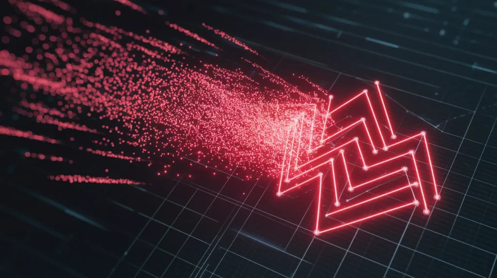 Glowing red neon particles forming an abstract marketing visual on a digital canvas, illustrating AI image generation.