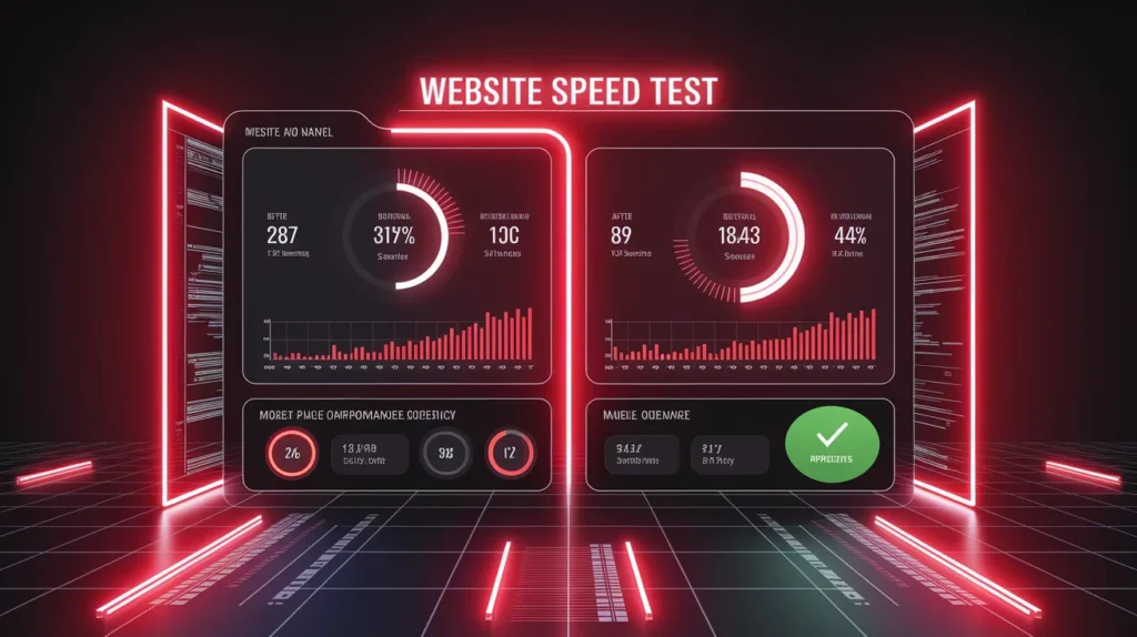 Page speed optimization dashboard with red neon metrics showing improved website performance for better SEO