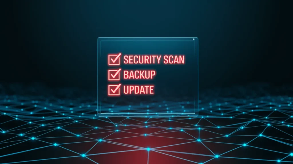 Futuristic red neon digital interface displaying a completed website maintenance checklist, highlighting security and backup tasks.