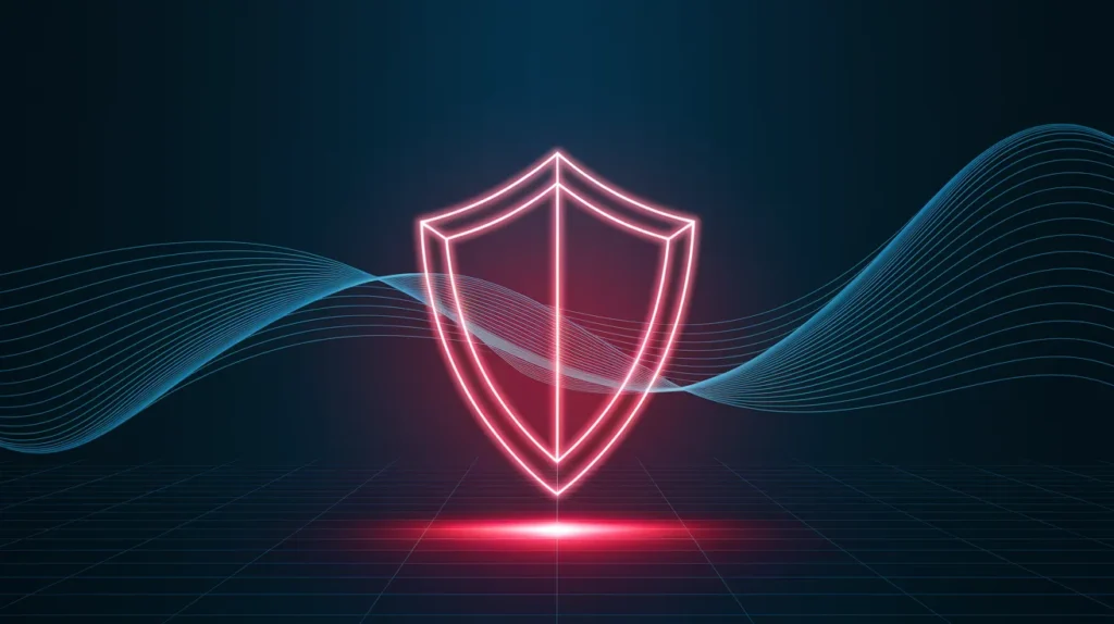 Glowing red neon shield protecting digital data streams, symbolizing robust website security achieved through regular maintenance.