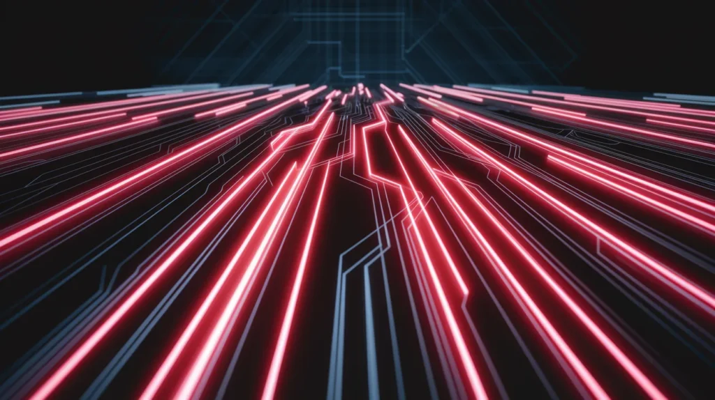 Abstract red neon light trails representing high website speed and optimal performance resulting from consistent website maintenance.