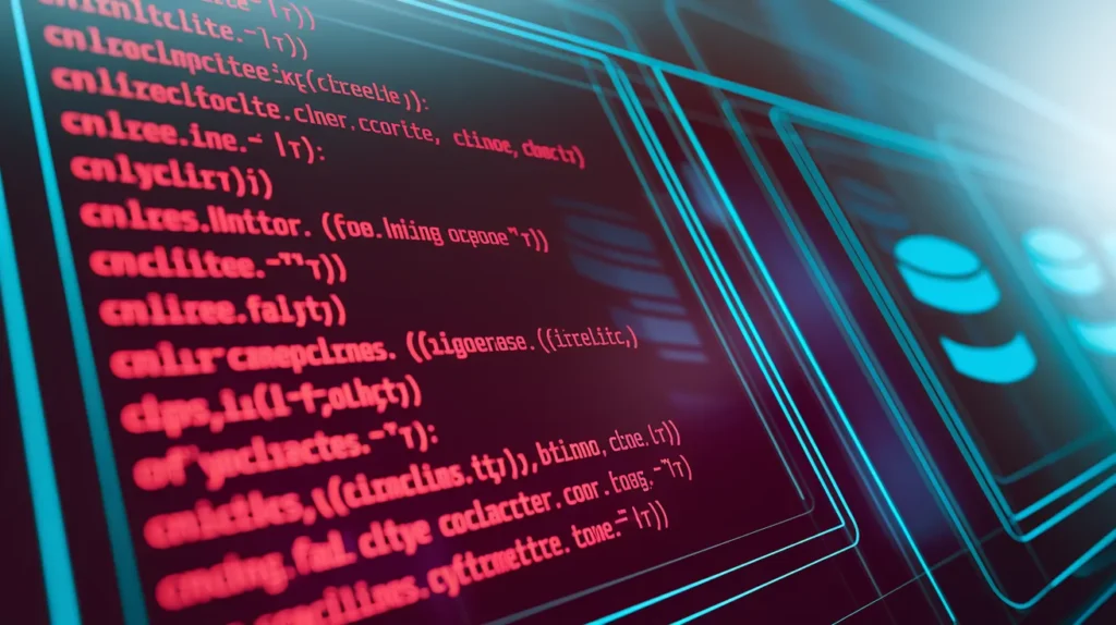 Futuristic display showing scrolling red neon code, illustrating website code cleanup and database optimization during maintenance.