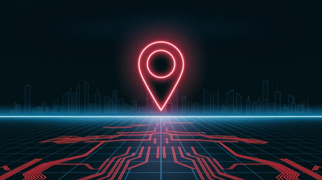 Neon red holographic map pin emphasizing local SEO importance over a futuristic city skyline.
