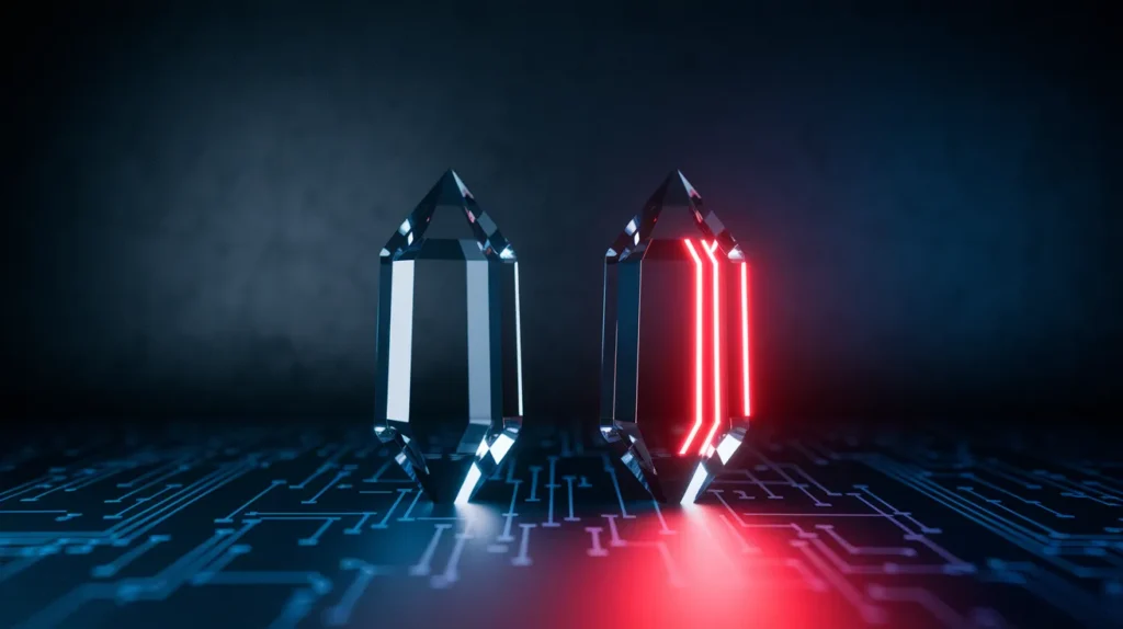 Futuristic data crystals comparing dim thin content versus vibrant neon red quality content for SEO.