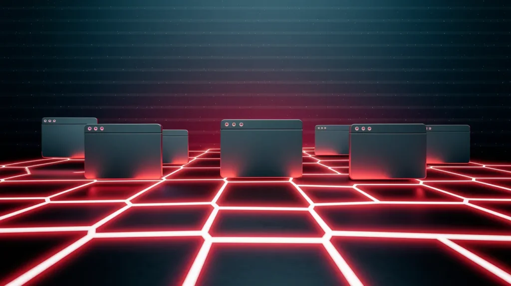 Network of neon red energy beams symbolizing quality backlinks connecting futuristic website nodes for SEO authority.