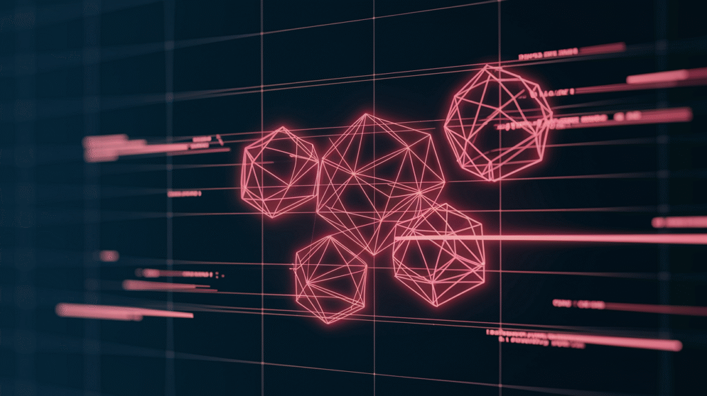 Futuristic heads-up display scanning red neon wireframe structures, symbolizing competitor analysis within a digital marketing strategy.