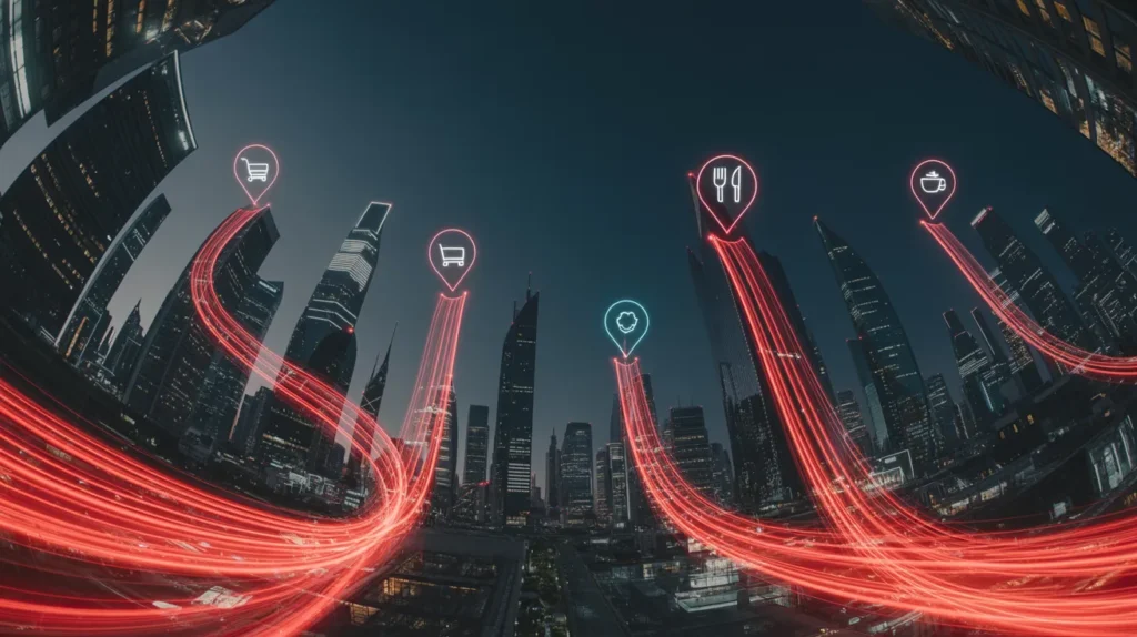 Futuristic red neon cityscape illustrating how local SEO connects businesses with nearby customers through digital networks.