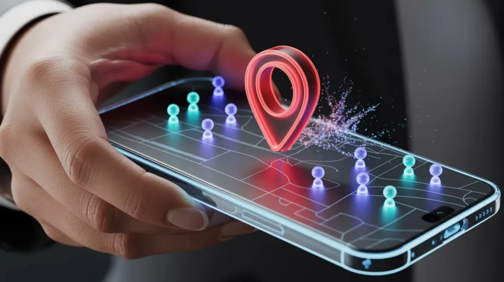 Smartphone displaying a futuristic map with a red neon pin, symbolizing a customer finding a local business via mobile search thanks to local SEO.