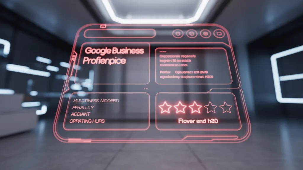 Futuristic red neon holographic display of an optimized Google Business Profile, a key component of local SEO success.