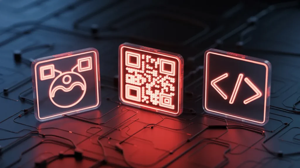 Glowing red neon icons for image compression, QR codes, and code minification, representing Neo Core tools that support local SEO efforts.