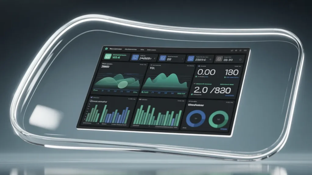 Red neon futuristic analytics dashboard showcasing positive local SEO metrics and business growth.