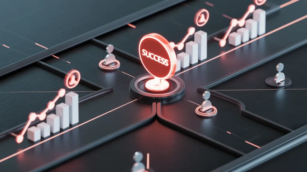 Futuristic red neon visualization of a successful marketing campaign strategy and planning process.