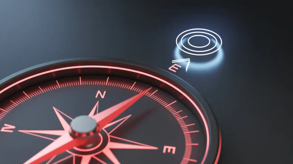 Red neon futuristic compass symbolizing clear direction and focus in marketing campaign planning.