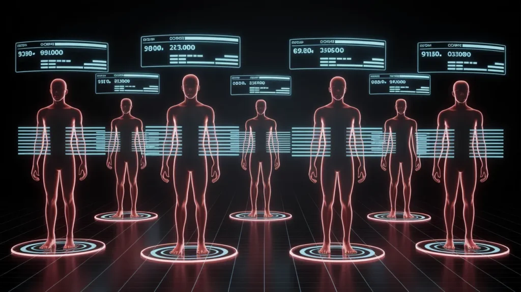 Futuristic interface showcasing red neon outlined target audience personas for effective marketing campaign planning.