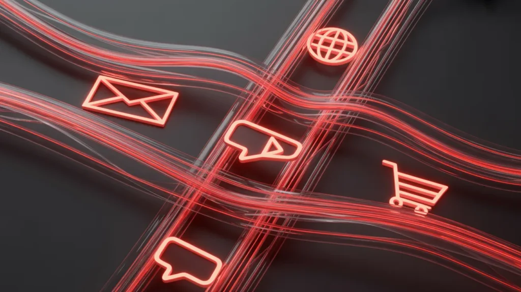 Futuristic red neon network illustrating diverse marketing channels for a comprehensive campaign strategy.