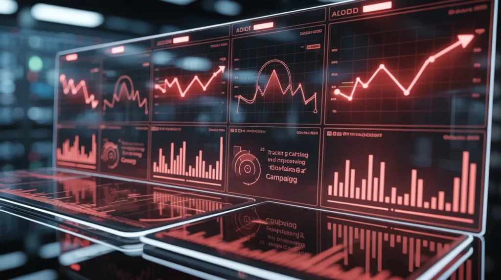 Futuristic red neon dashboard displaying dynamic marketing campaign analytics and optimization data.
