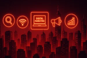 Futuristic city with red neon lights and digital marketing icons