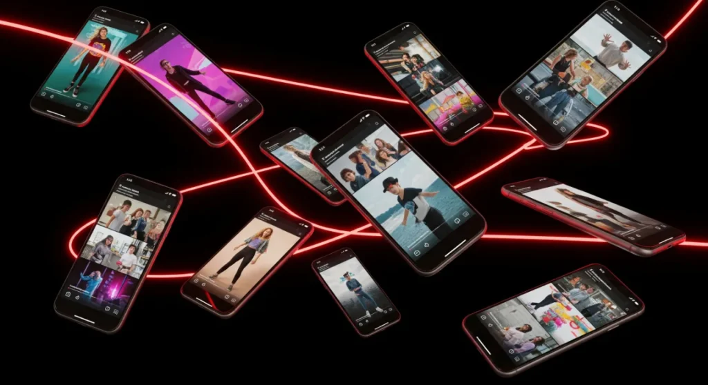 An array of smartphones displaying short-form video content, illustrating the dominance of video marketing trends in 2025.