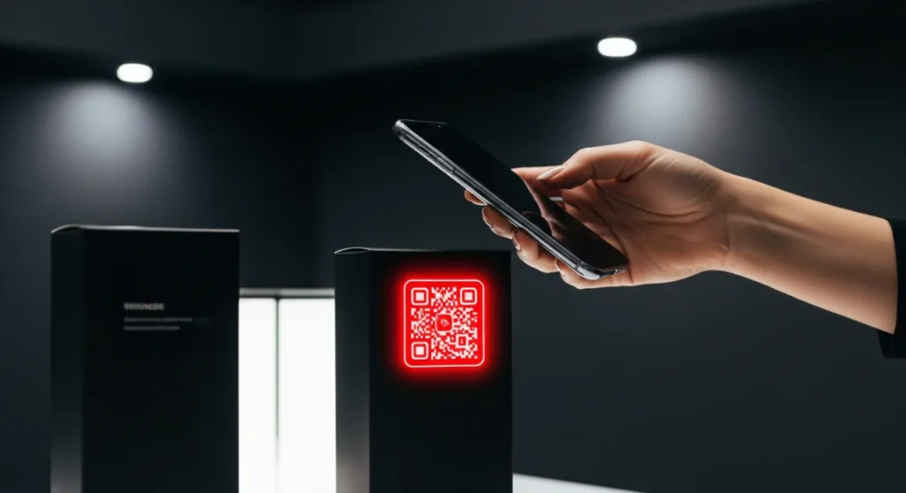 A person using a smartphone to scan a QR code, demonstrating phygital experiential marketing connecting digital and physical worlds.