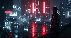 A futuristic cityscape representing the digital marketing trends of 2025, with red neon lights and holographic icons.