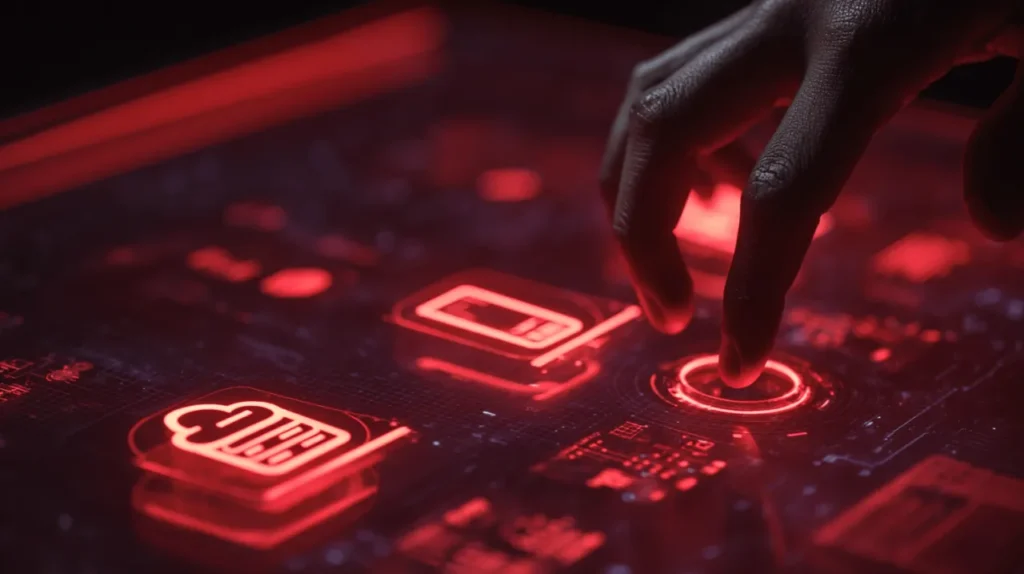 A business owner choosing the right web hosting plan from a futuristic holographic display with red neon icons.