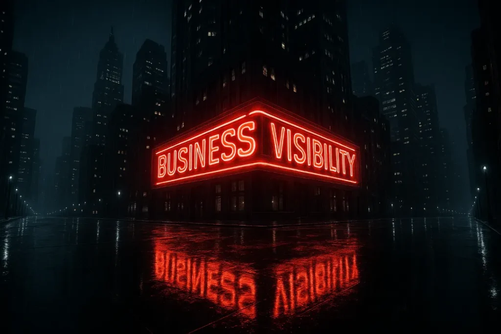 A futuristic cityscape with a glowing red neon sign symbolizing how a Google Business Profile increases business visibility.