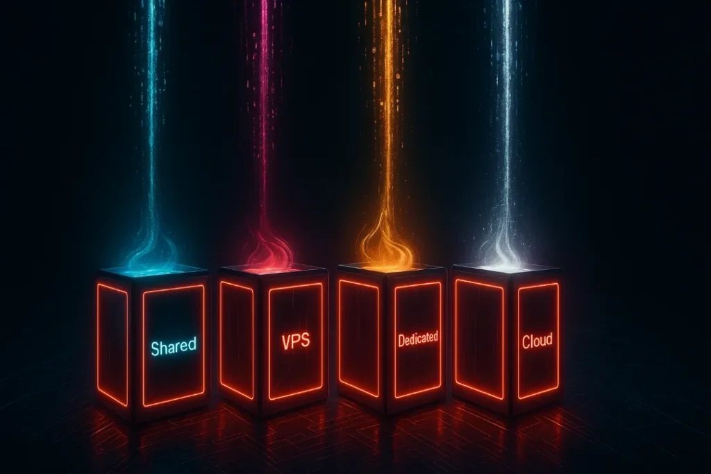 Diagram showing different types of web hosting like Shared, VPS, and Dedicated in a futuristic red neon style.