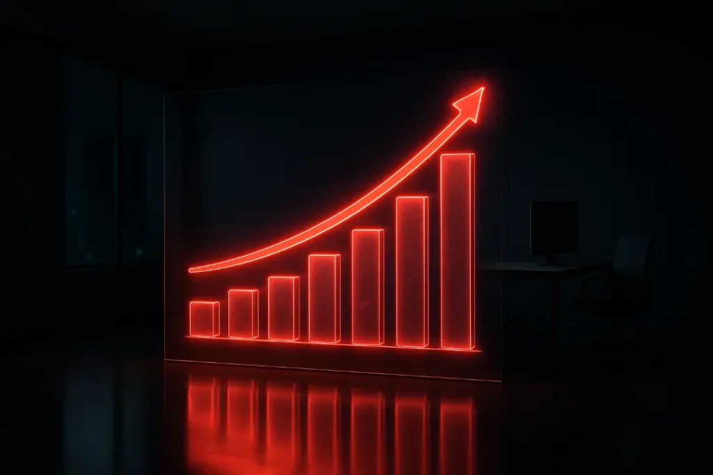 A futuristic holographic interface showing a red neon growth chart, representing the customer insights gained from a Google Business Profile.