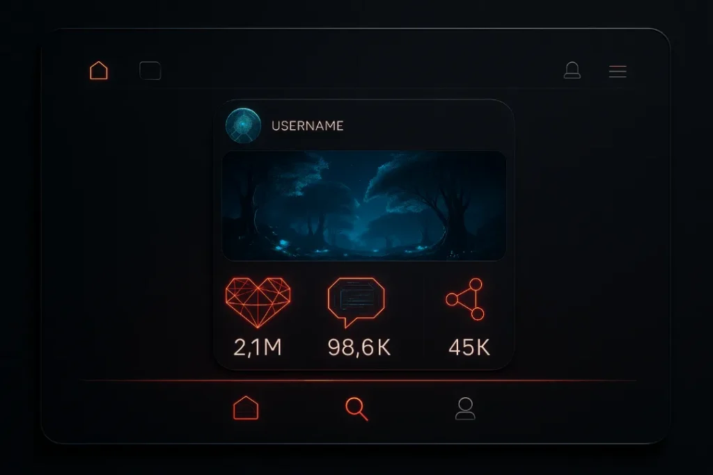 Futuristic social media interface with red neon highlights