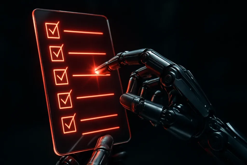 A robotic hand checking off an item on a futuristic neon checklist, symbolizing the process of Google Business Profile optimization.