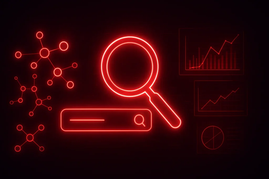 Neon magnifying glass over keyword clusters and search analytics in dark red and black.