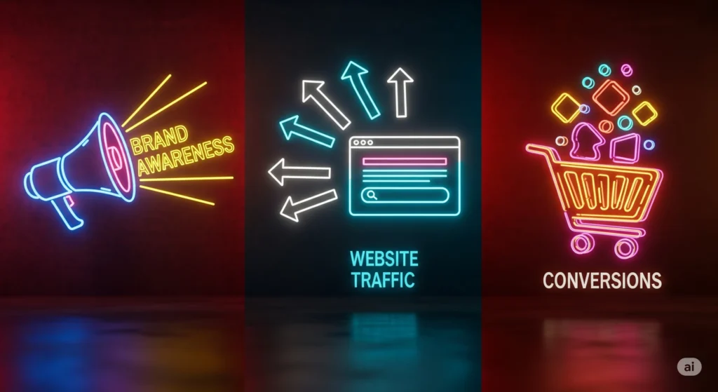 Neon collage of brand awareness, site traffic, and conversions in dark red and black.