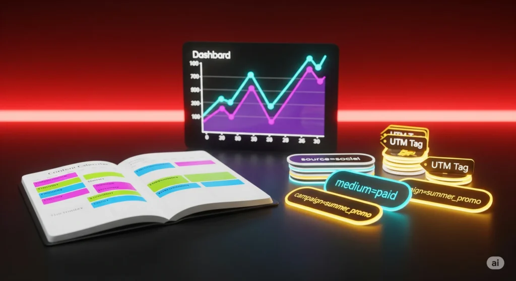 Neon toolkit with content calendar, UTM tags, and analytics dashboard on a black surface.
