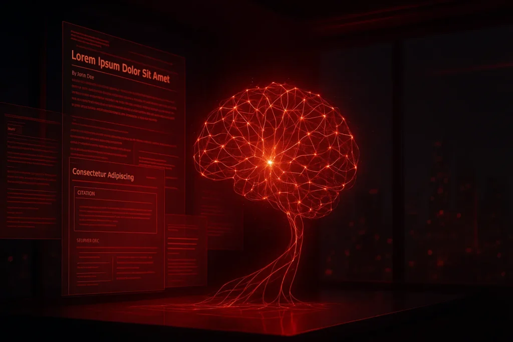 E-E-A-T signals visualized as a red‑neon AI scanning web pages for bylines, citations, and schema.