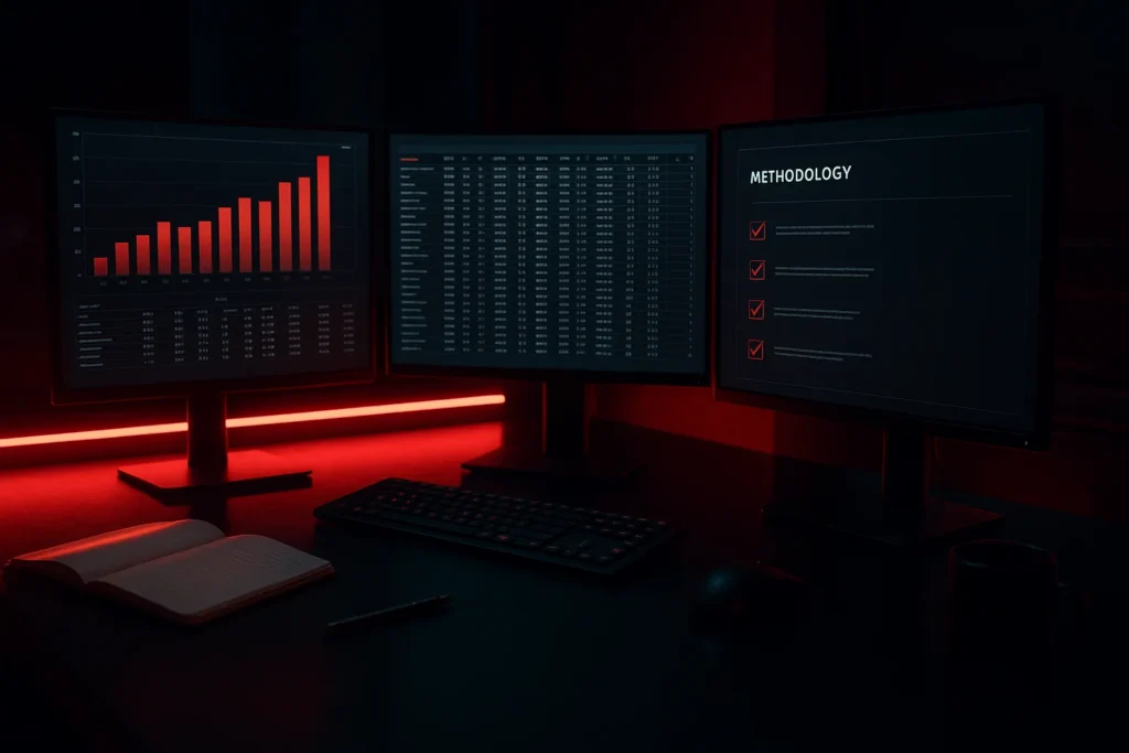 Research-backed content workflow in a dark studio with red neon data visualizations