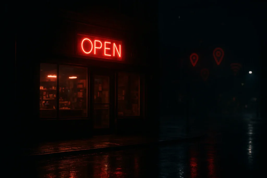 Red neon local storefront at night illustrating GEO for Local strategy