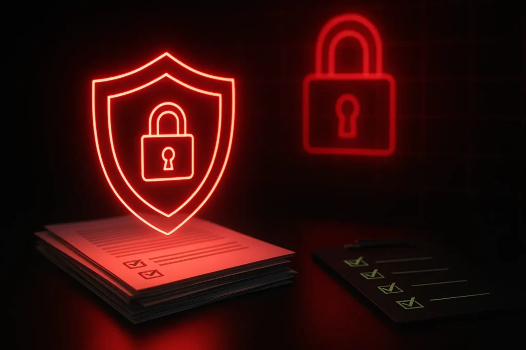 YMYL GEO workflow with a red‑neon shield protecting reviewed documents on a dark desk