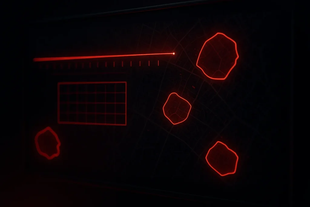 Red neon dashboard over a city map illustrating a Freshness for GEO update cadence