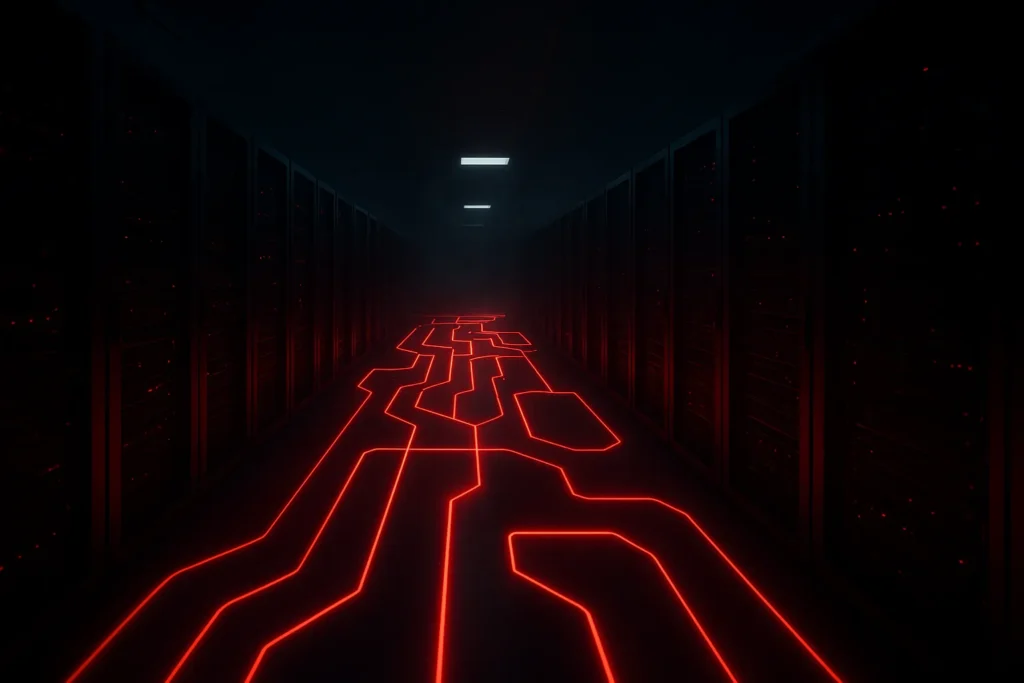 Crawlability for AI bots visualized as red neon paths through a dark server room