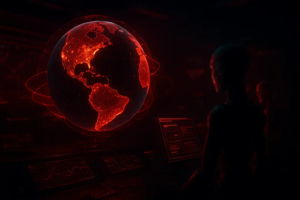 Robots, AI opt-outs, and GEO tradeoffs visualized as neon red bots scanning a dark city map