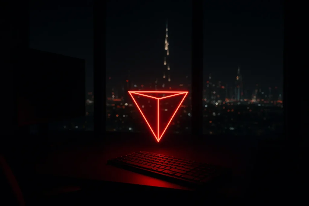 Answer-First Content concept in a red neon office scene over Dubai, showing an inverted pyramid above a keyboard.