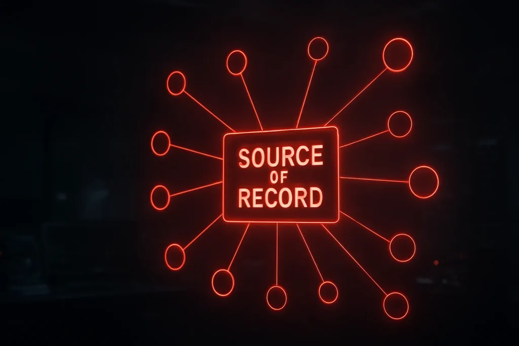 Entity-first page visualized as a red-neon knowledge graph forming a single source of record